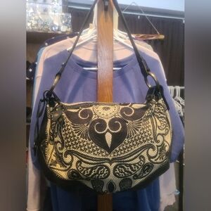 Isabella Fiore Black and Cream Embroidered Shoulder Bag